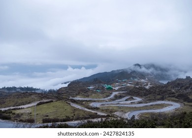 Tawang road to bumla pass in arunachal pradesh in India. Landscape mountains of himalayas of arunachal pradesh.