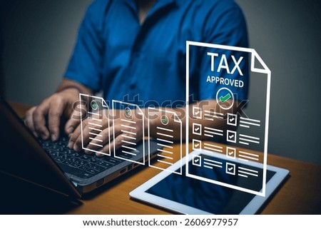 Tax approval process and document management home office digital content indoor close-up view financial efficiency