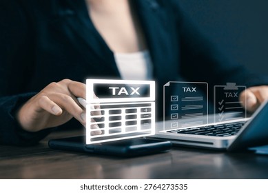 Tax calculation concept with digital interface on laptop, financial accounting, tax form, business finance management and online tax reporting system for modern companies.