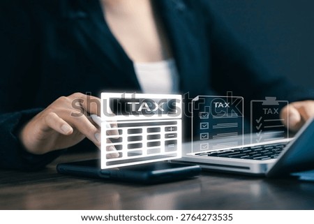 Tax calculation concept with digital interface on laptop, financial accounting, tax form, business finance management and online tax reporting system for modern companies.