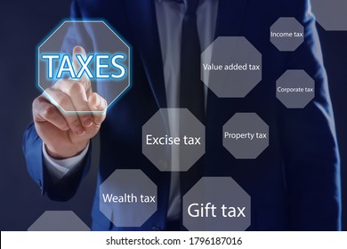 Tax concept. Man using virtual screen, closeup