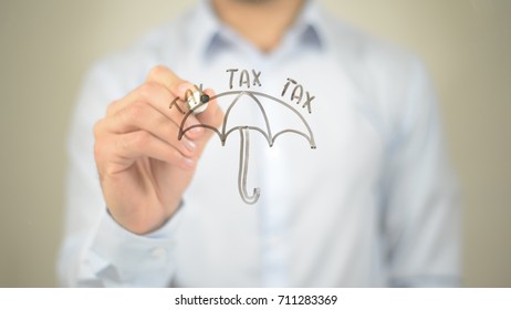 Tax Concept, Umbrella,  Man writing on transparent screen