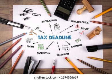 Tax Deadline. Regulations, Stimulus Check, Payments And Profit Concept. Chart With Keywords And Icons. Stamp And Pencil, Calculator On White Piece Of Paper