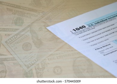 Tax Form 1040 And Dollar Cash Banknote Background, Tax Season Accounting Concept. Double Exposure