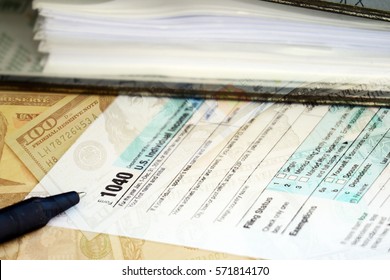 Tax Form, Dollar Cash And Document File, Finance Accounting And Tax Season Concept, Double Exposure.