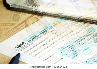 Tax Form, Dollar Cash And Document File, Finance Accounting And Tax Season Concept, Double Exposure.