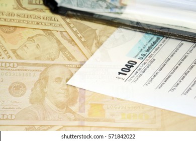 Tax Form, Dollar Cash, Document File On Dollar Cash Background, Finance Accounting And Tax Season Concept, Double Exposure