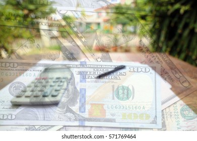 Tax Form With Money, Pen, Calculator And Clock, With Dollar Cash Background. Double Exposure