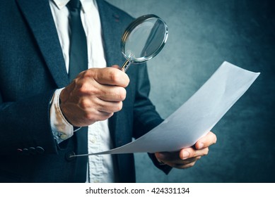 Tax inspector investigating offshore company documents and papers with magnifying glass, forensic accounting concept