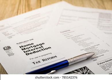 Tax reform concept with tax preparation forms for standardized deductions and mortgage interest deductions 