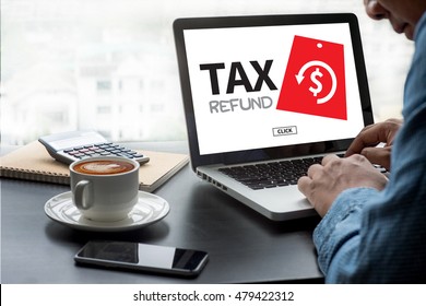 TAX REFUND and refund Tax Refund Fine Duty Taxation  Thoughtful male person looking to the digital tablet screen, laptop screen,Silhouette and filter sun