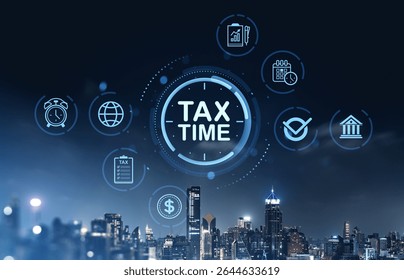 Tax time text with finance icons including clock, checklist, bank, and charts in glowing blue graphic style over a city skyline background, concept of taxation