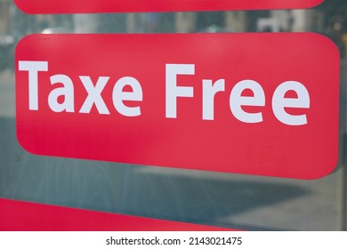taxe free text duty free shop sign stickers windows store on facade boutique