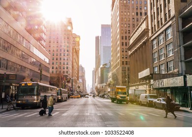 Taxi Cars Street, A Busy Tourist Intersection Of Commerce Advertisements And A Famous Street Of New York City And US, Seen On Januar 3, 2018 In New York.