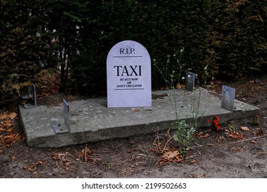 Taxi Drivers Placed Tombstones Telling The EU To Act Now Or Don't Cry Later In Front Of EU Commission During A Protest Against Uber In Brussels, Belgium On September 8, 2022.
