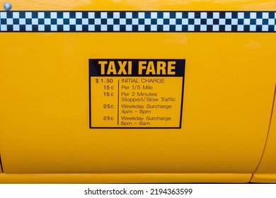 
Taxi Fares Displayed On The Side Of A Yellow Cab In New York City In The1990s.