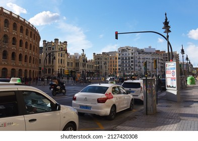 Taxi In The Parking Lot In The City Center Near The Plaza De Toros De Valencia And The Valencian Central Train Station (Estació Del Nord). Dec 28, 2021, Spain, Valencia.
