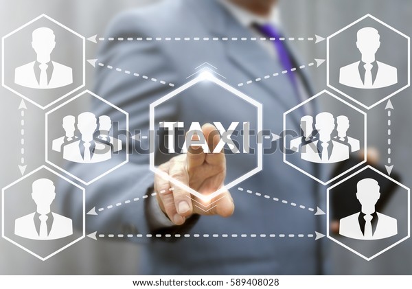 Taxi service business concept.\
Businessman touched TAXI word icon on virtual screen on background\
of social network man sign. Transportation\
technology
