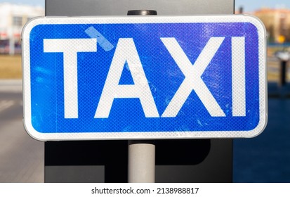 Taxi Stop Or Stand Sign. Taxicab Rank, Waiting Area For Cabs, Parking Zone Blue Information Signage.