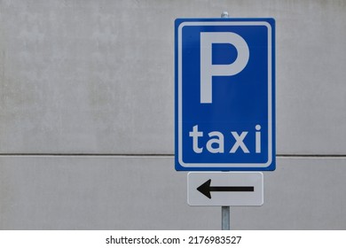 Taxi Stop Or Stand Sign. Taxicab Rank, Waiting Area For Cabs, Parking Zone Blue Information Signage.