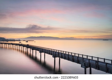 Taylor Dock Boardwalk during twilight afterglow, Boulevard Park Bellingham, Washington State