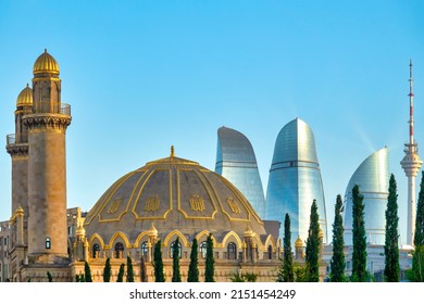Taza Pir Mosque and Flame Towers, Baku, Azerbaijan - Shutterstock ID 2151454249