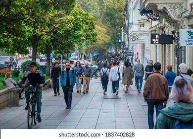 Tbilisi, Georgia - 18 October, 2020: People Walking On Rustaveli Avenue Street