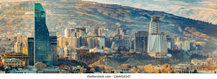 Tbilisi, Georgia, 4 March 2019 Aerial City View, Modern Architecture, Sunny Day, Skyscrapers  