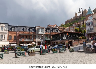 Tbilisi, Georgia - April 28, 2019: Street View Of Old Tbilisi, People Walk At Vakhtang Gorgasali Square