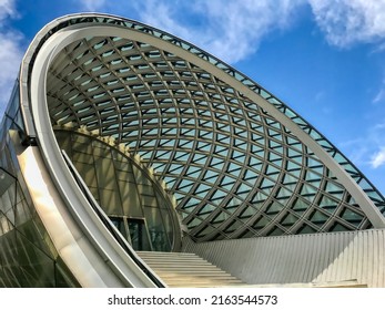 Tbilisi, Georgia - April 29, 2019. View Of Concert Music Theatre Exhibition Hall In Rike Park. An Example Of Modern Architecture