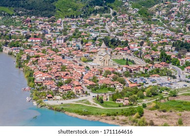 Tbilisi, Georgia - April  30, 2019:  View of Unesco heritage site town in Mtskheta with Samtavro Monastery. Historic city of Georgia. 