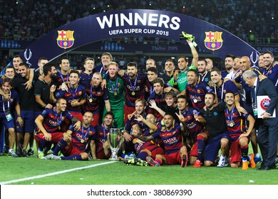 Tbilisi, Georgia - August 11: Group photo of players of FC Barcelona after winning the UEFA Super Cup at the Dinamo Arena on August 11, 2015 in Tbilisi, Georgia.