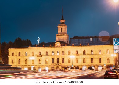 Tbilisi, Georgia. Tbilisi City Hall In Freedom Square In City Center. Clock-towered Edifice. It Houses The Mayor’s Office And City Assembly. Famous Landmark In Night Lighting.