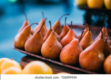 Tbilisi, Georgia. Close View Of Fresh Pears In Tray On Showcase Of Local Food Market, Bazar.