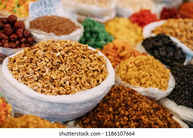 Tbilisi, Georgia. Close View Of Persian English Common Walnut (Juglans Regia) In Bag On Showcase Of Local Food Market.