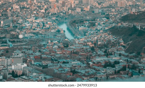 Tbilisi, Georgia. Evening Scenic View Of City Center In Lighting Elevated View City Park Rike. Urban Cityscape. Elevated Top Scenic View Of Park Rike In Tbilisi, Georgia. Metekhi Church, Narikala - Powered by Shutterstock