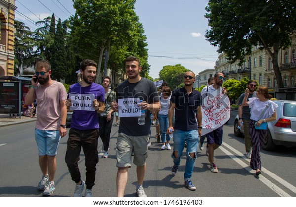 TBILISI, GEORGIA - JUNE 20, 2019: Georgian\
protests in front of the Parliament of Georgia, also known as\
Gavrilov\'s Night or anti-government protests in the country of\
Georgia.