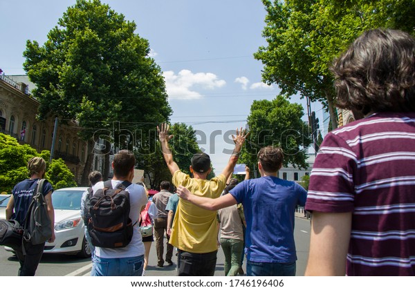 TBILISI, GEORGIA - JUNE 20, 2019: Georgian\
protests in front of the Parliament of Georgia, also known as\
Gavrilov\'s Night or anti-government protests in the country of\
Georgia.