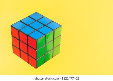 Tbilisi, Georgia. June 27, 2018. Rubic’s Cube On A Colorful Background,