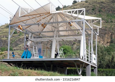 Tbilisi, Georgia - June 6, 2019: Zipline Speed Track For Extreme Descent. The Zipline Descent Starts On The Territory Of The Narikala Fortress, The Stop - At The Bottom Of The Botanical Garden.