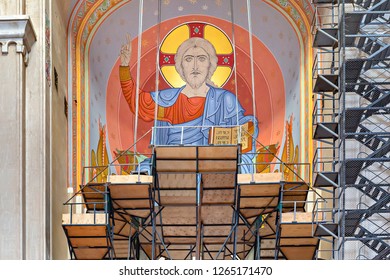 TBILISI, GEORGIA - JUNE 8, 2017: Restoration Work And Painting The Image Of Jesus Christ Over The Apse Of The Sameba Cathedral, Known Also As Holy Trinity Cathedral, In Tbilisi, Georgia.