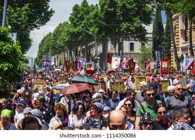 TBILISI, GEORGIA - MAY 17, 2018: Family day. People attend a rally marking the Day of Family Purity and opposing the International Day Against Homophobia and Transphobia in Tbilisi on May 17, 2018.