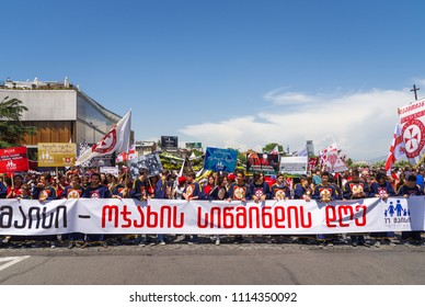 TBILISI, GEORGIA - MAY 17, 2018: Family day. People attend a rally marking the Day of Family Purity and opposing the International Day Against Homophobia and Transphobia in Tbilisi on May 17, 2018.