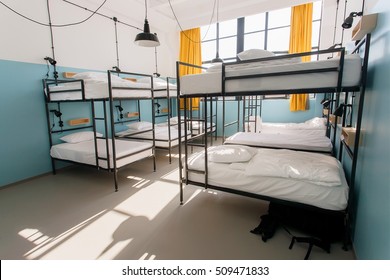 TBILISI, GEORGIA - OCT 9: Backpackers hostel with modern bunk beds inside the dorm room for twelve people on 9 October, 2016. The annual number of tourists in Georgia reached 2,300,000 people