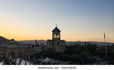 Tbilisi, Georgia - Sep 23, 2018. Holy Trinity Cathedral at sunset in Tbilisi, Georgia. Church is the third-tallest Eastern Orthodox cathedral in the world.