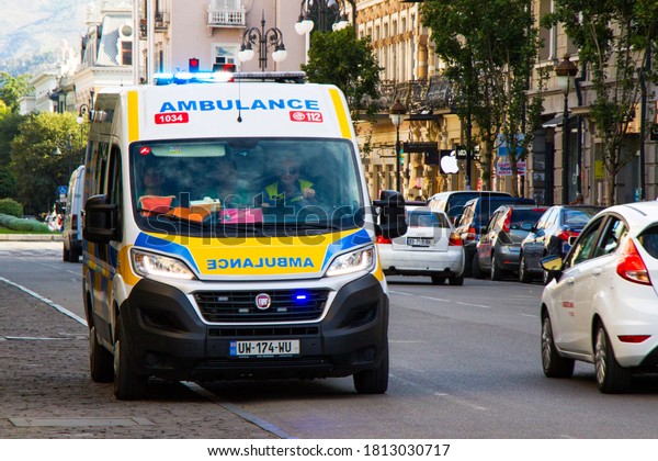 Tbilisi, Georgia - September 09, 2020: Ambulance\
car in the street of\
Tbilisi.