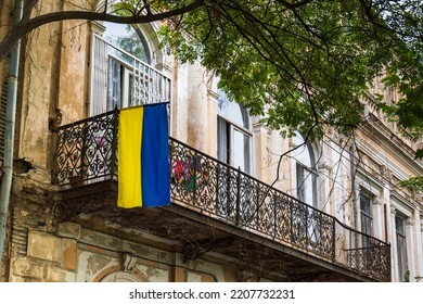 Tbilisi, Georgia - September 2022: Ukrainian Flag On The Street, Downtown Tbilisi, Georgia. Pro Ukraine Support Sign In Tbilsi Georgia