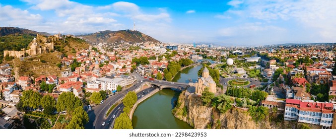 Tbilisi old town aerial panoramic view. Tbilisi is the capital and the largest city of Georgia, lying on the banks of the Kura River.