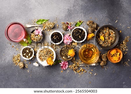 Tea background. A collection of various teas. Free copy space, flat lay.