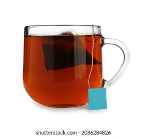 Tea Bag In Glass Cup Of Hot Water Isolated On White